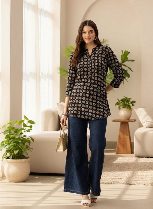 Black Geometric Printed Mandarin Collar Tunic, Short Top, Short Kurta, Ethnic Short Top, Black Band Collar, Printed short kurta 