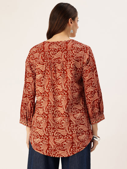 Red Ethnic Printed Tunic, Short Kurta, Red Short Top, Short Top 