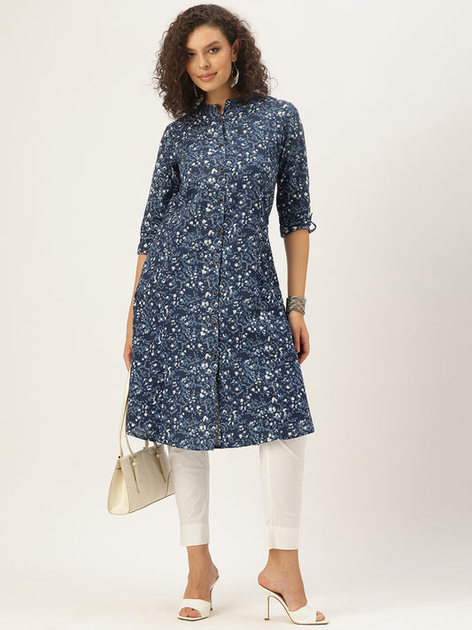 Blue Indigo Printed Mandarin Collar A-Line Kurta
