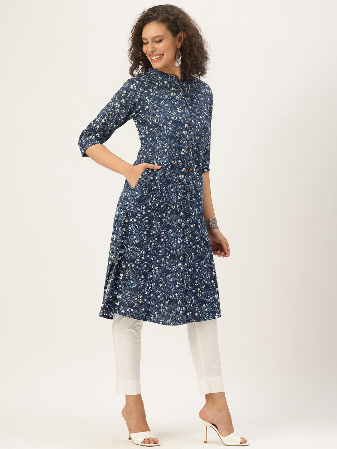 Blue Indigo Printed Mandarin Collar A-Line Kurta
