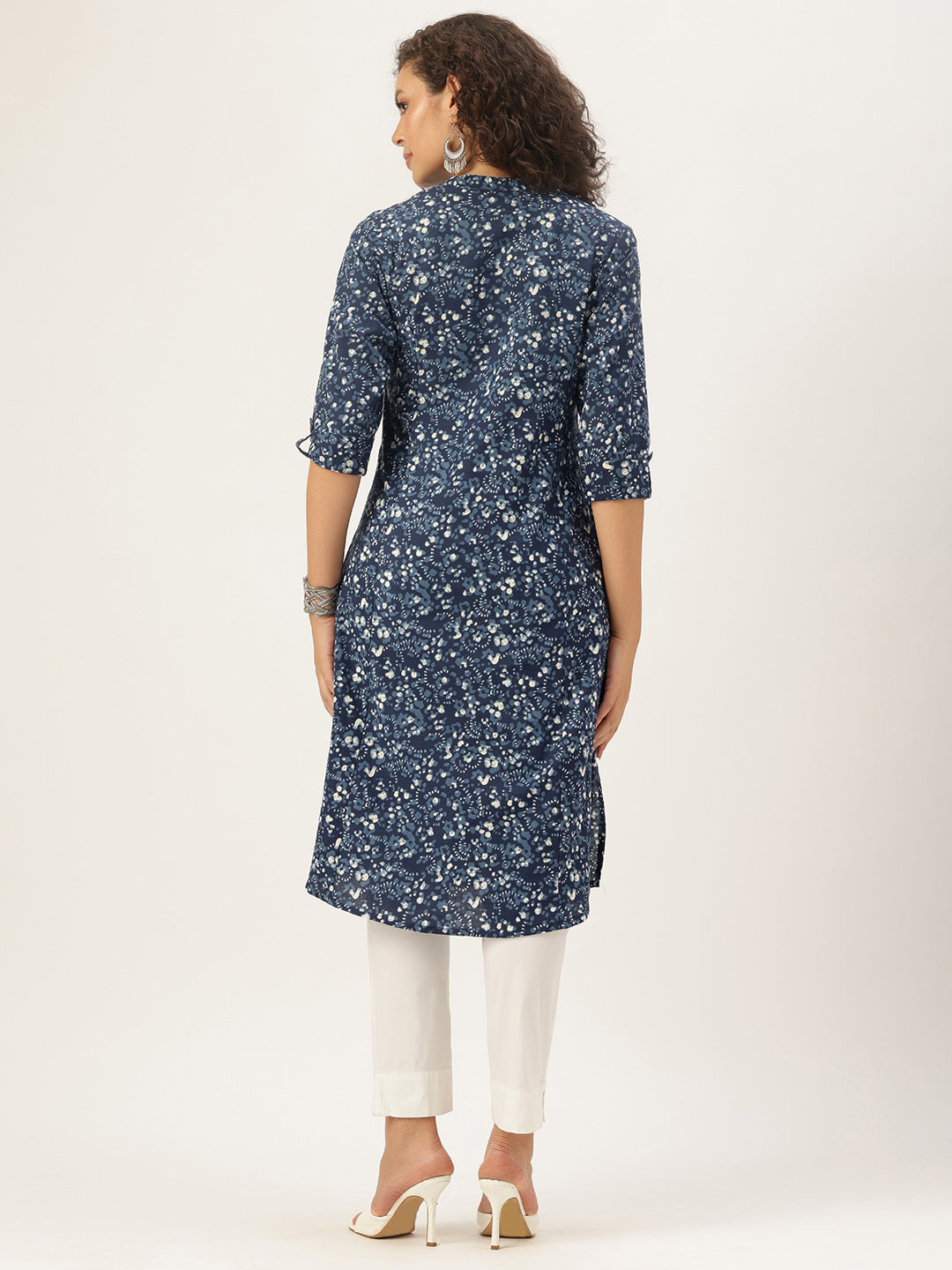 Blue Indigo Printed Mandarin Collar A-Line Kurta