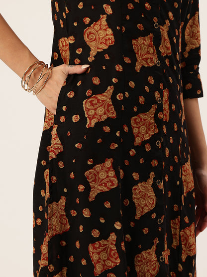 Black Ethnic Motifs Printed A-Line Kurta, kurta, kurtis, black kurta, v-neck, A-line Kurta, Princess Cut kurta