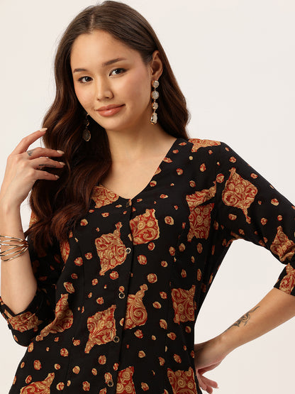 Black Ethnic Motifs Printed A-Line Kurta, kurta, kurtis, black kurta, v-neck, A-line Kurta, Princess Cut kurta