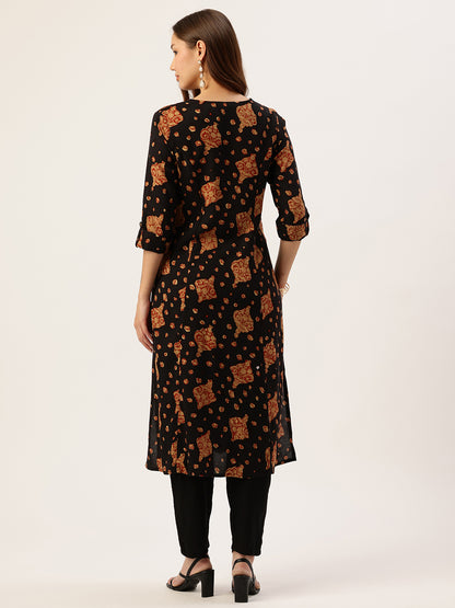 Black Ethnic Motifs Printed A-Line Kurta, kurta, kurtis, black kurta, v-neck, A-line Kurta, Princess Cut kurta