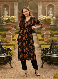 Black Ethnic Motifs Printed A-Line Kurta, kurta, kurtis, black kurta, v-neck, A-line Kurta, Princess Cut kurta