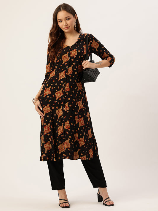 Black Ethnic Motifs Printed A-Line Kurta