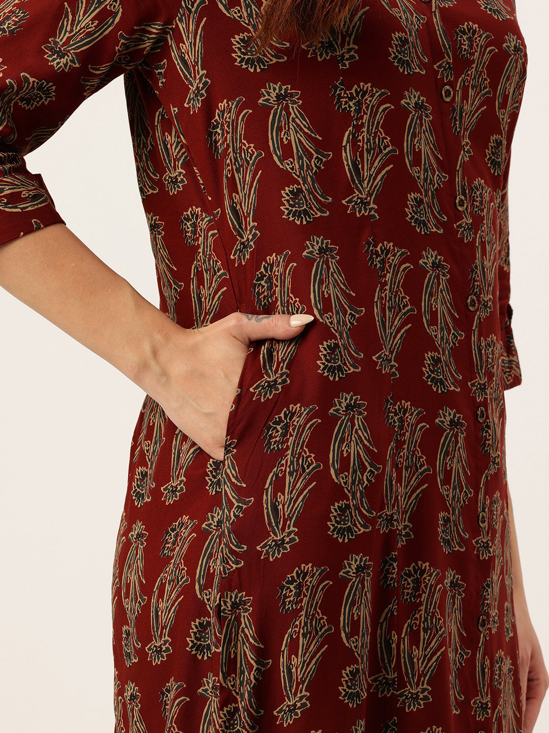 Rust Ethnic Motifs Printed A-Line Kurta, Red Kurta, V-neck, A-line Kurta 