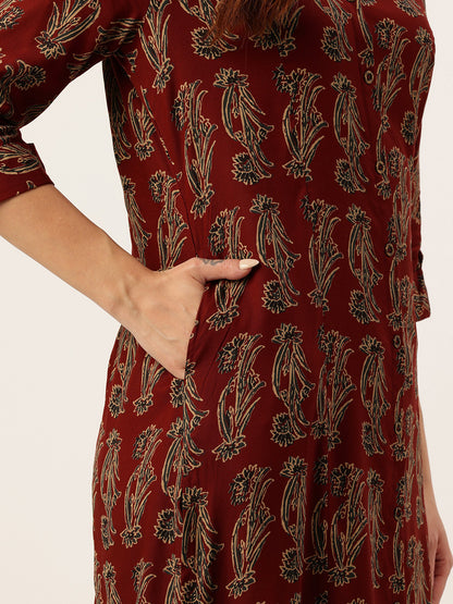 Rust Ethnic Motifs Printed A-Line Kurta, Red Kurta, V-neck, A-line Kurta 