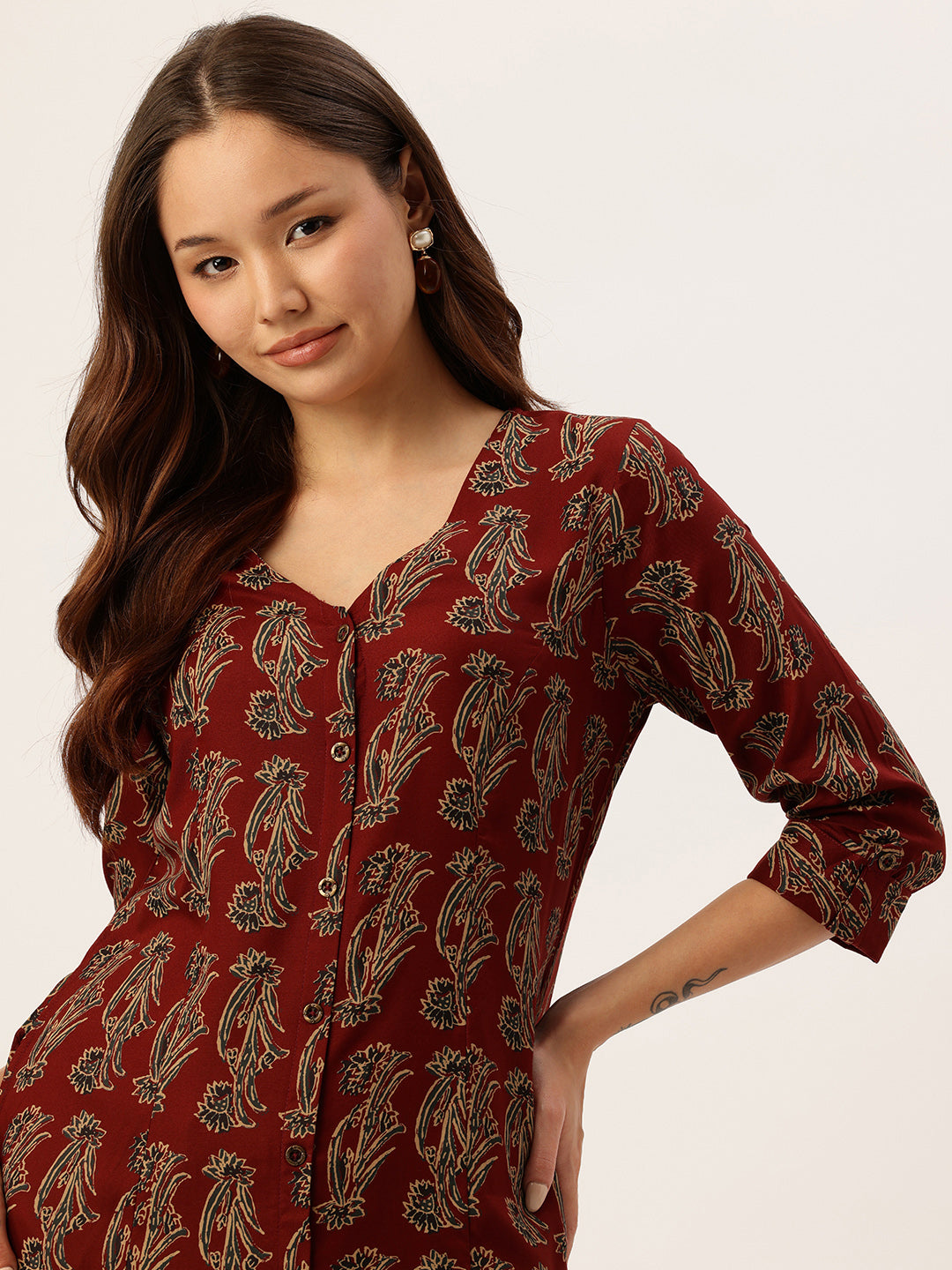 Rust Ethnic Motifs Printed A-Line Kurta, Red Kurta, V-neck, A-line Kurta 