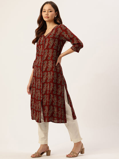 Rust Ethnic Motifs Printed A-Line Kurta, Red Kurta, V-neck, A-line Kurta 