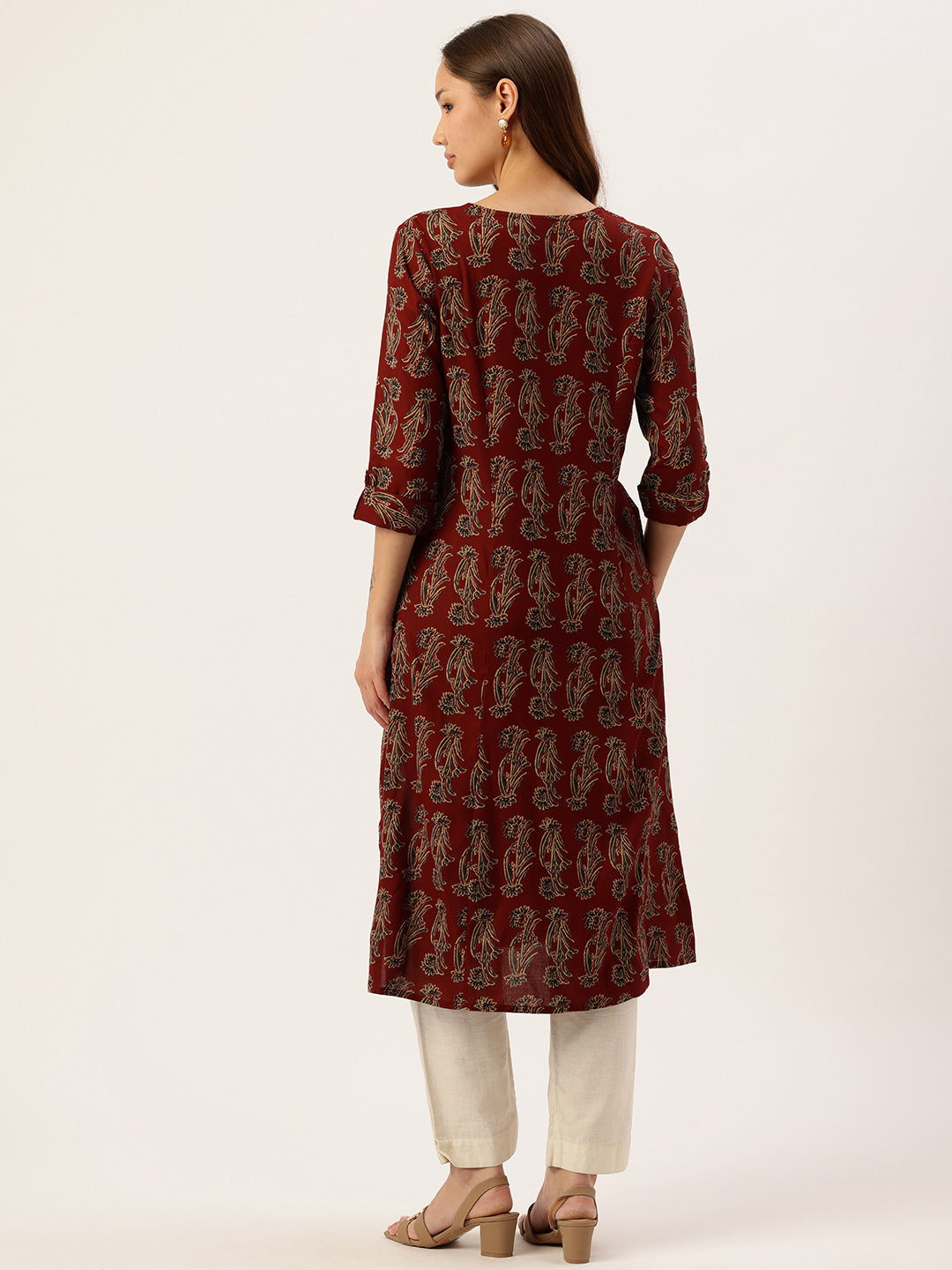 Rust Ethnic Motifs Printed A-Line Kurta, Red Kurta, V-neck, A-line Kurta 