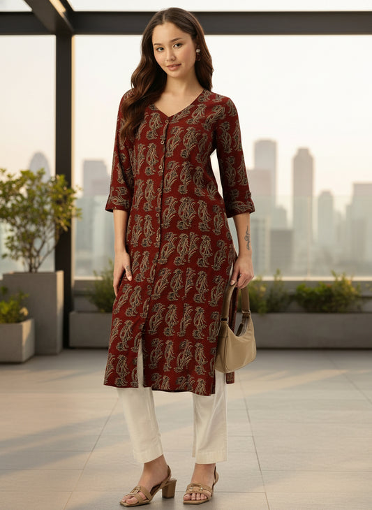 Rust Ethnic Motifs Printed A-Line Kurta, Red Kurta, V-neck, A-line Kurta 