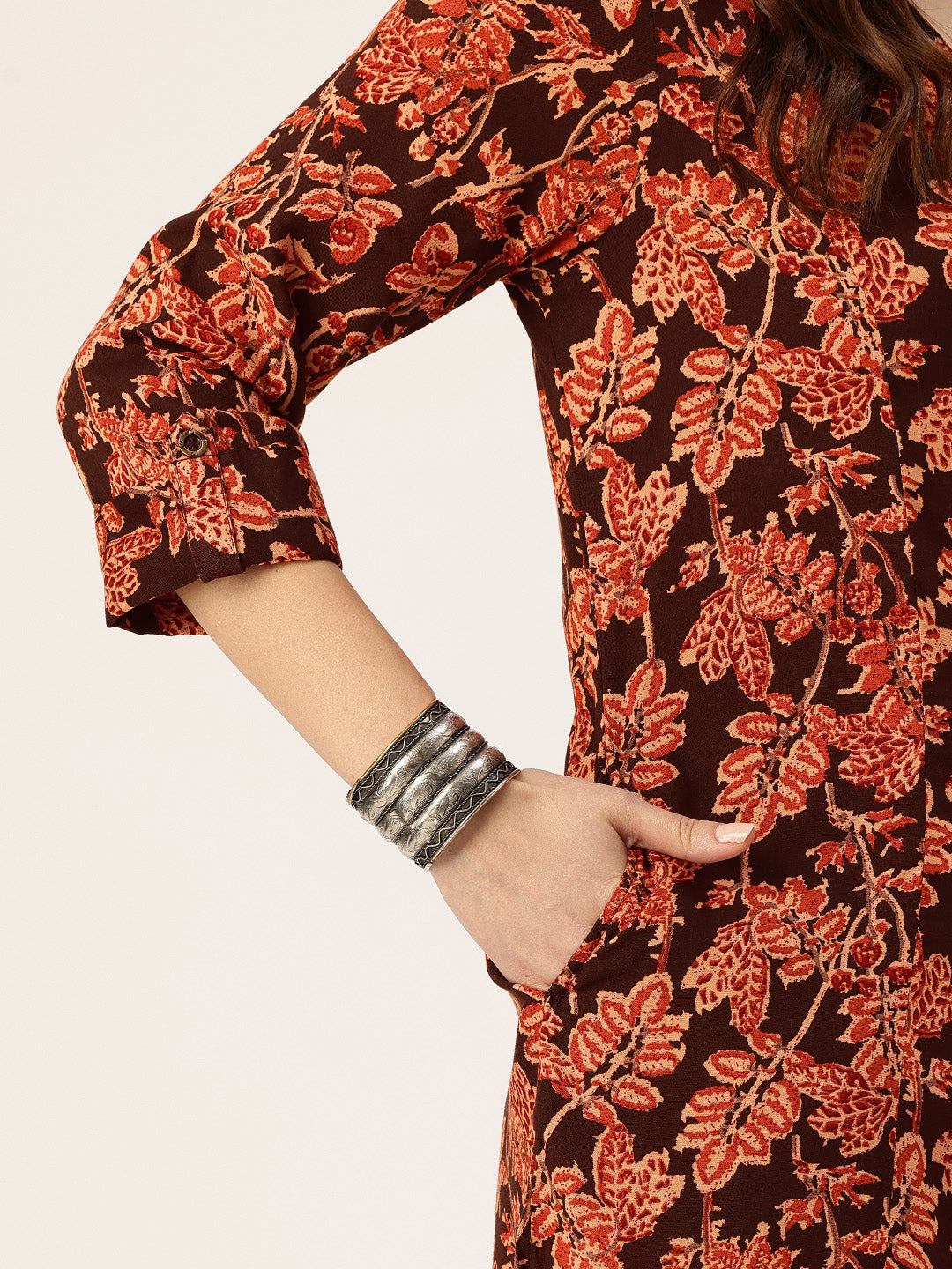 Black Floral Printed V-Neck Kurta