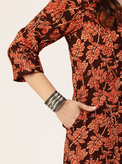 Black Floral Printed V-Neck Kurta
