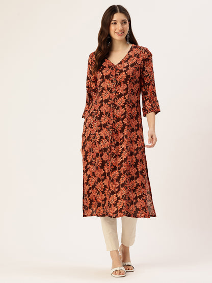 Black Floral Printed V-Neck Kurta