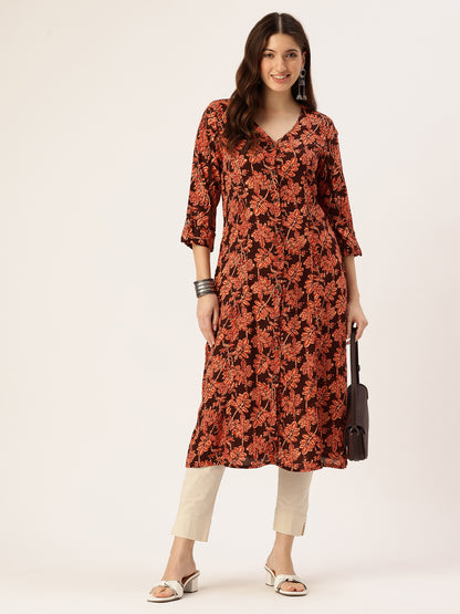 Black Floral Printed V-Neck Kurta