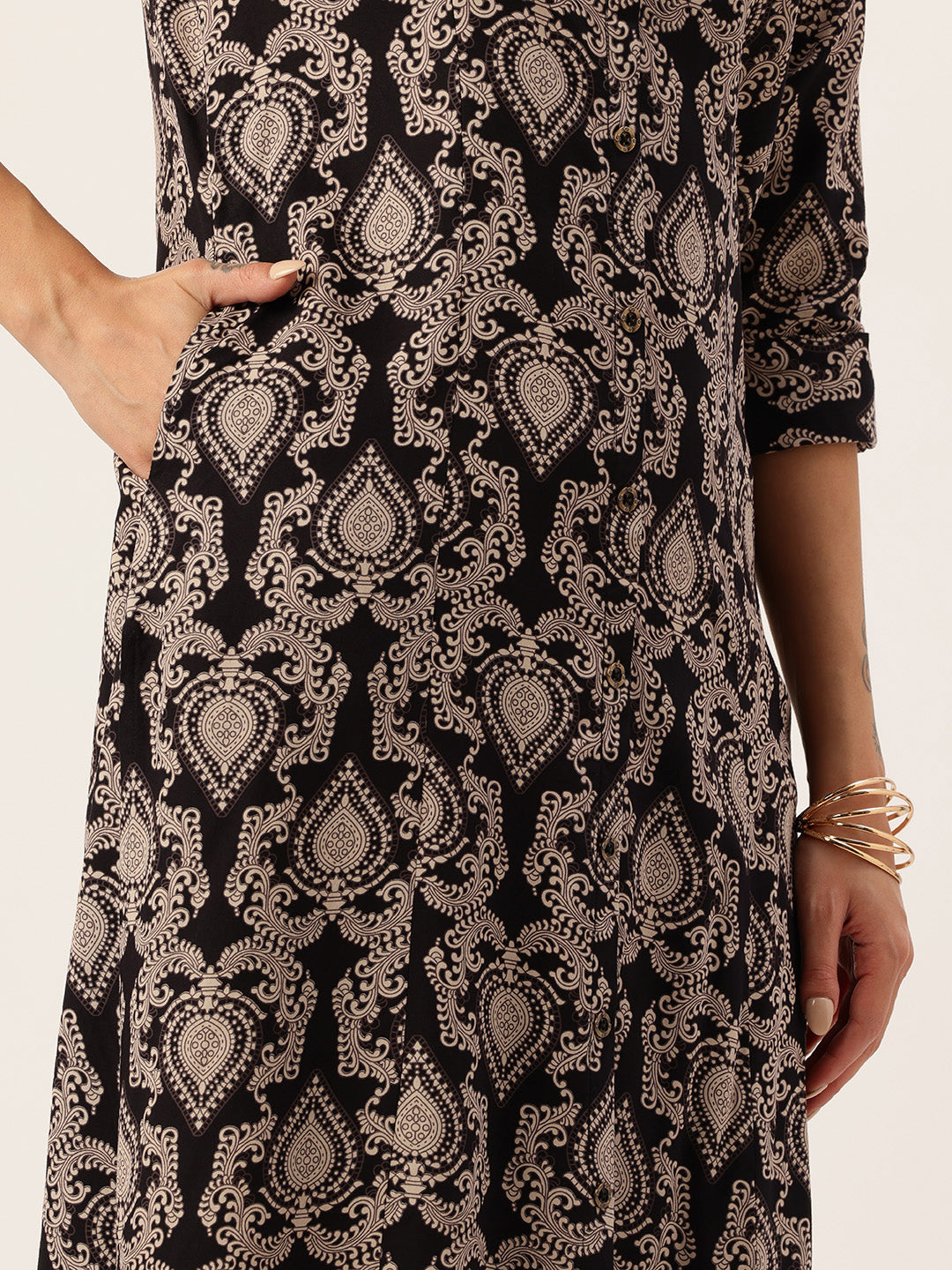 Black Ethnic Motifs Printed A-Line Kurta, kurta, kurtis, Balck kurta, v-neck, A-line, Printed kurta