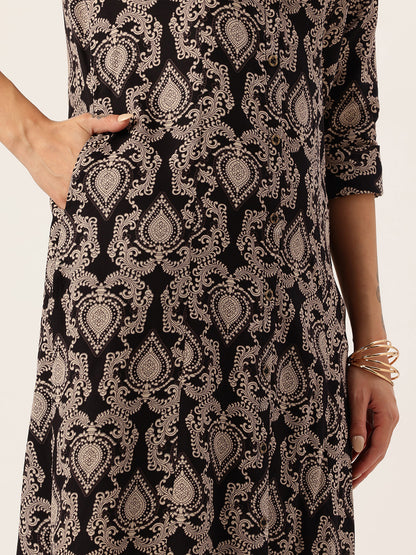 Black Ethnic Motifs Printed A-Line Kurta, kurta, kurtis, Balck kurta, v-neck, A-line, Printed kurta