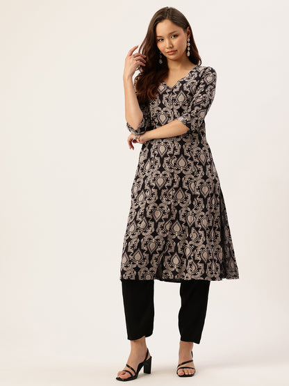 Black Ethnic Motifs Printed A-Line Kurta, kurta, kurtis, Balck kurta, v-neck, A-line, Printed kurta