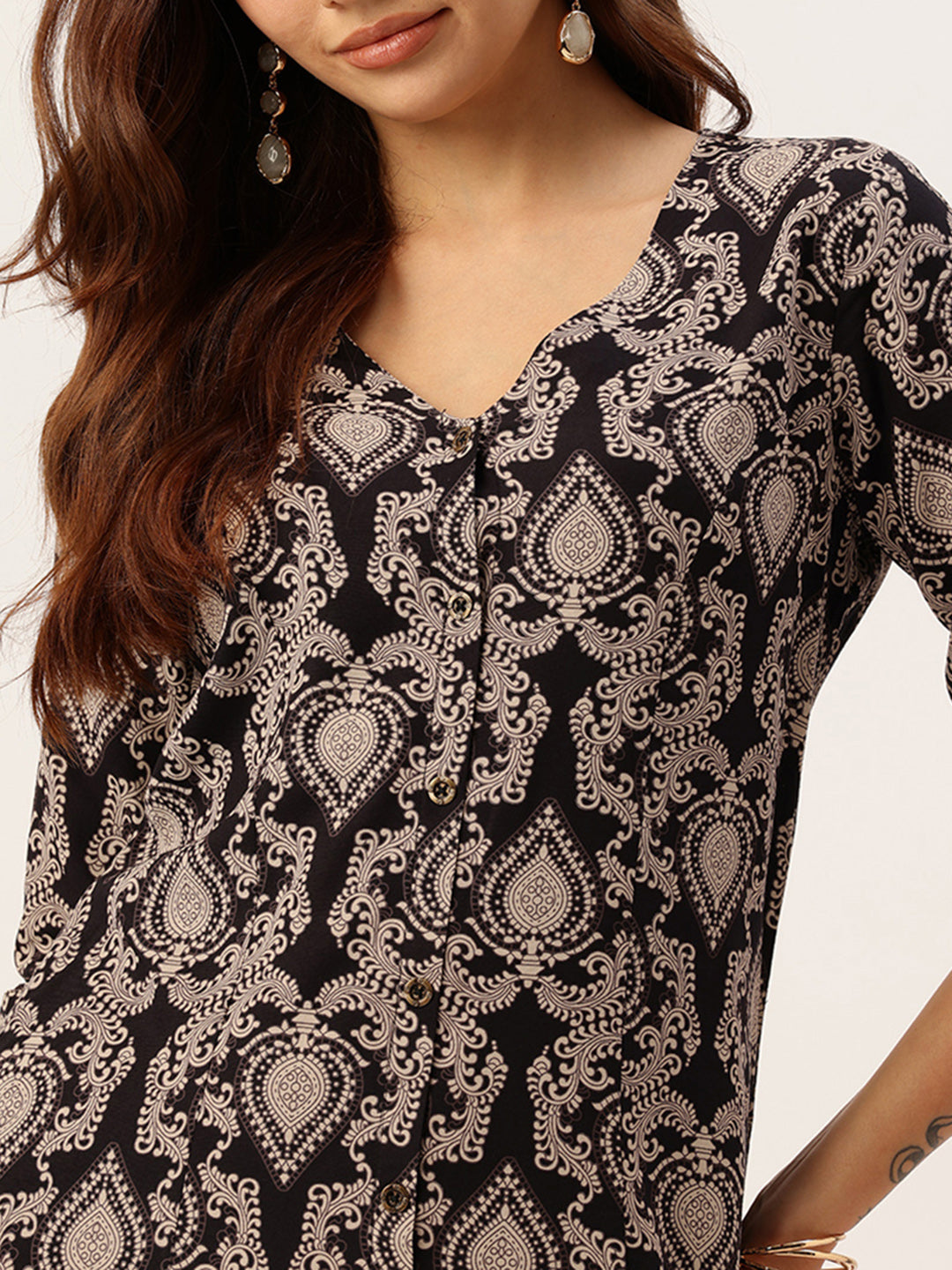 Black Ethnic Motifs Printed A-Line Kurta, kurta, kurtis, Balck kurta, v-neck, A-line, Printed kurta