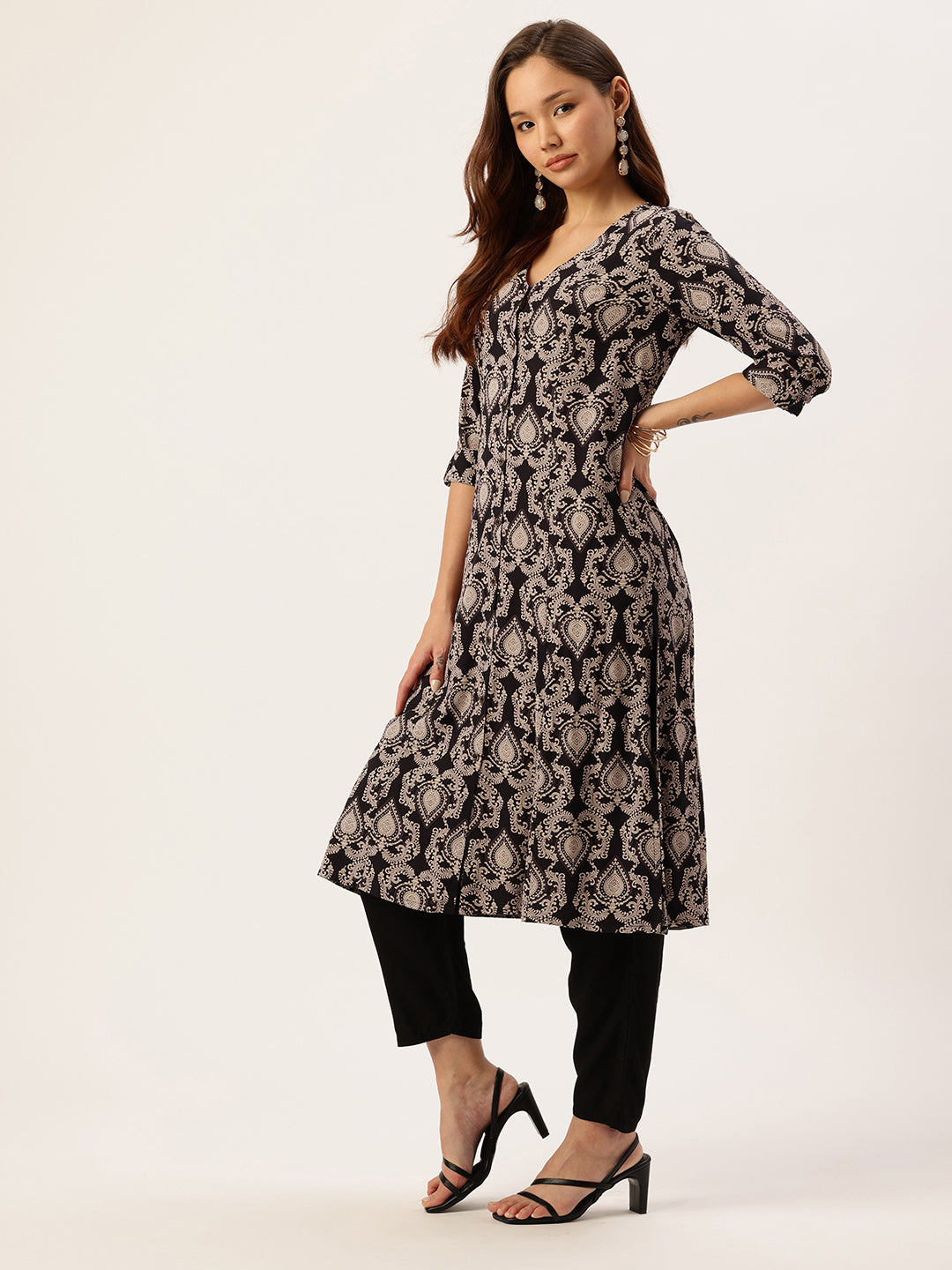 Black Ethnic Motifs Printed A-Line Kurta, kurta, kurtis, Balck kurta, v-neck, A-line, Printed kurta