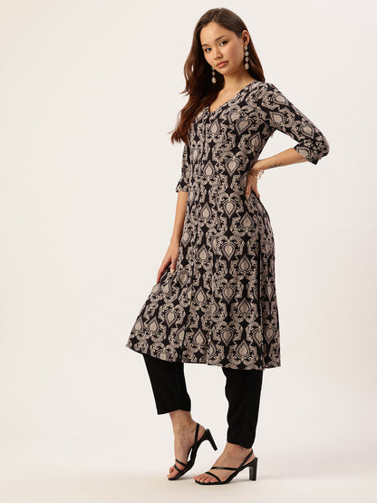 Black Ethnic Motifs Printed A-Line Kurta, kurta, kurtis, Balck kurta, v-neck, A-line, Printed kurta