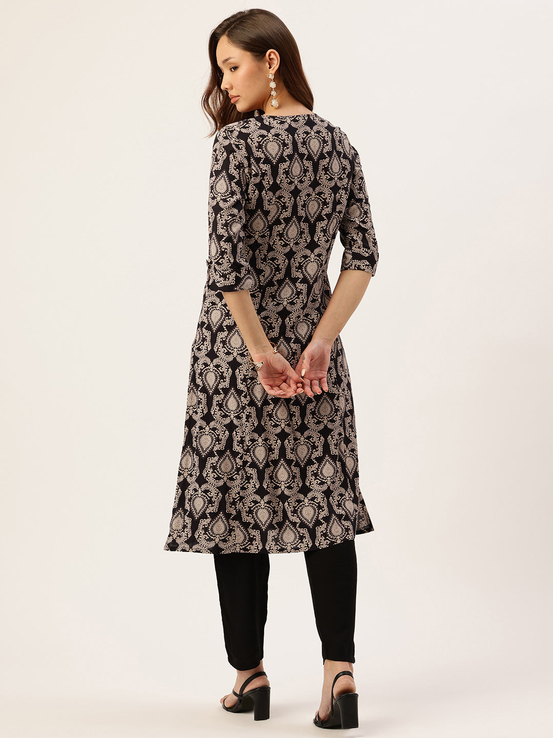 Black Ethnic Motifs Printed A-Line Kurta, kurta, kurtis, Balck kurta, v-neck, A-line, Printed kurta