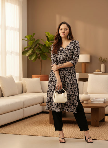 Black Ethnic Motifs Printed A-Line Kurta, kurta, kurtis, Balck kurta, v-neck, A-line, Printed kurta