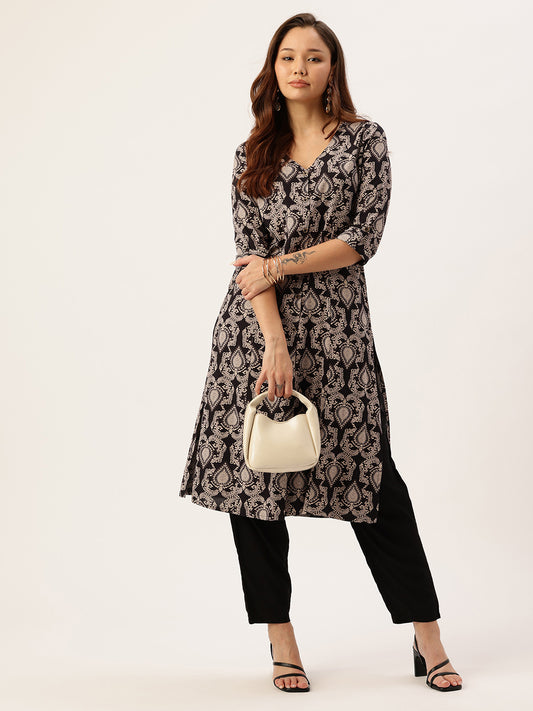 Black Ethnic Motifs Printed A-Line Kurta