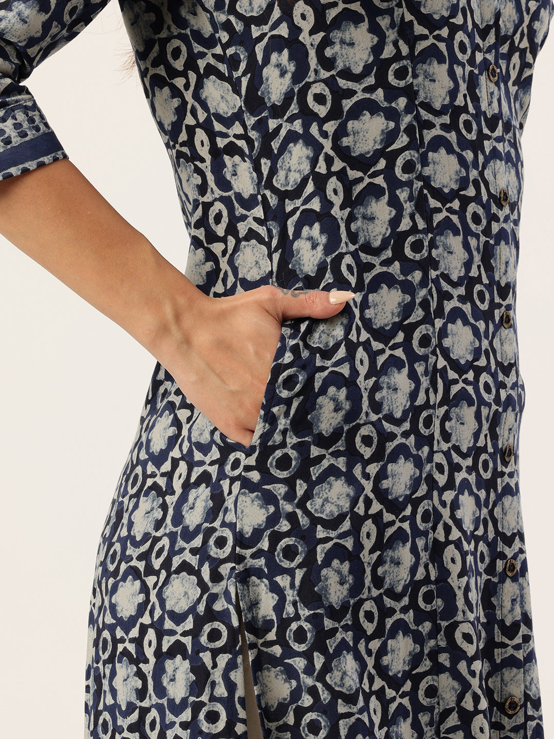 Indigo Ethnic Motifs Printed A-Line Kurta, kurta, kurtis, blue kurta, v-neck, A-line, Printed kurta 