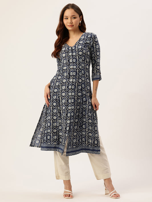 Indigo Ethnic Motifs Printed A-Line Kurta