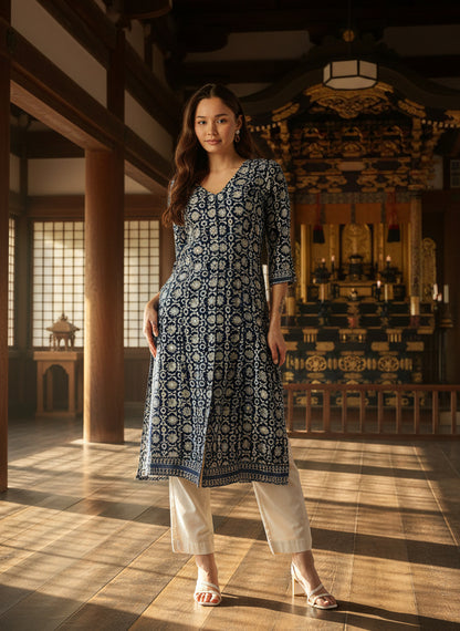 Indigo Ethnic Motifs Printed A-Line Kurta