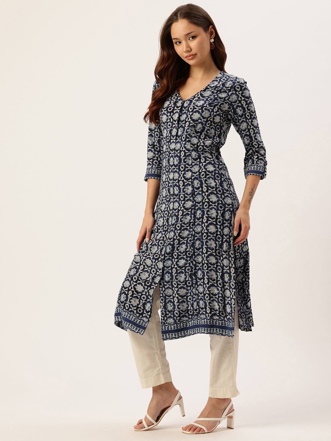 Indigo Ethnic Motifs Printed A-Line Kurta, kurta, kurtis, blue kurta, v-neck, A-line, Printed kurta 
