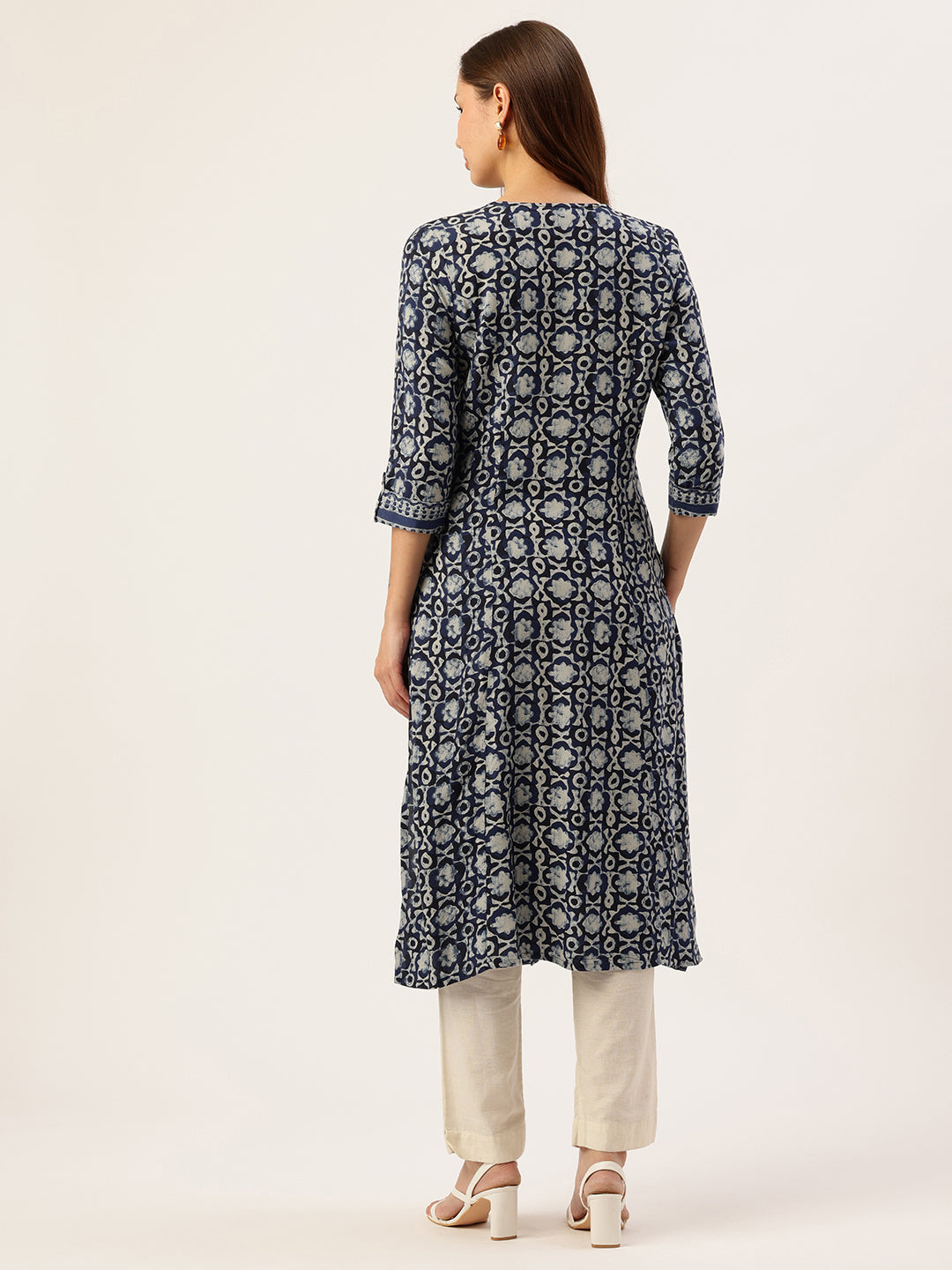 Indigo Ethnic Motifs Printed A-Line Kurta, kurta, kurtis, blue kurta, v-neck, A-line, Printed kurta 