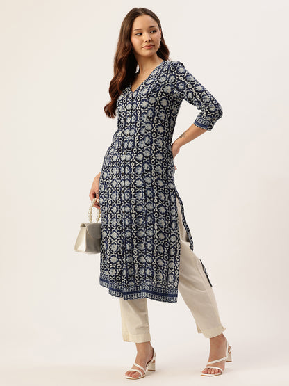 Indigo Ethnic Motifs Printed A-Line Kurta, kurta, kurtis, blue kurta, v-neck, A-line, Printed kurta 