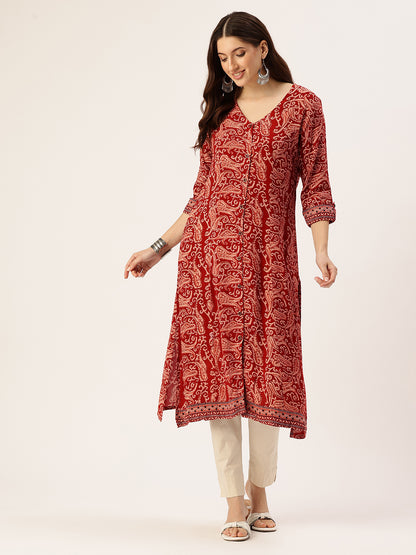 Red Paisley Printed V-Neck Kurta