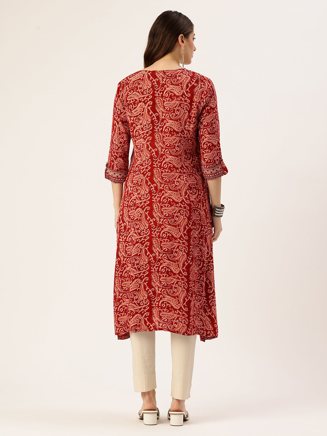 Red Paisley Printed V-Neck Kurta
