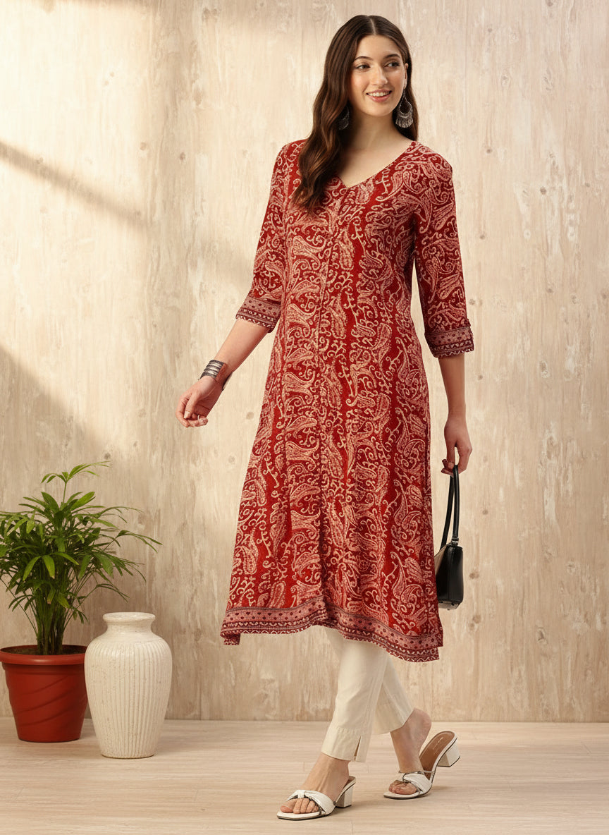 Red Paisley Printed V-Neck Kurta