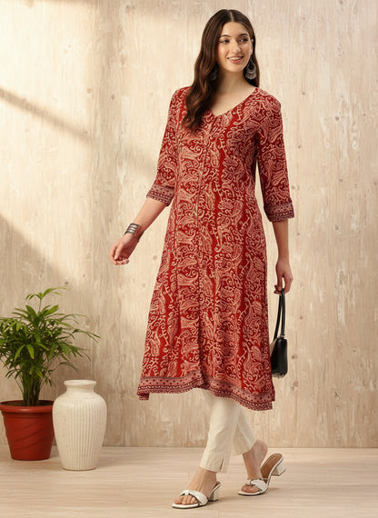 Red Paisley Printed V-Neck Kurta