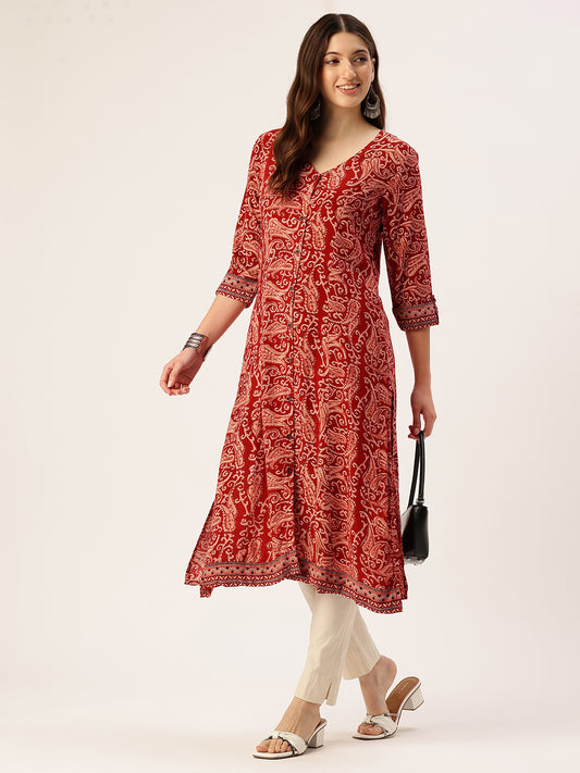 Red Paisley Printed V-Neck Kurta