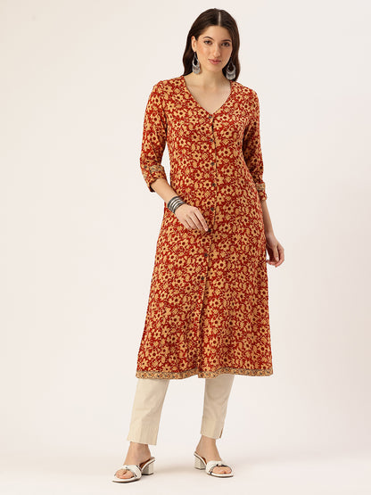 Red Floral Printed V-Neck Kurta