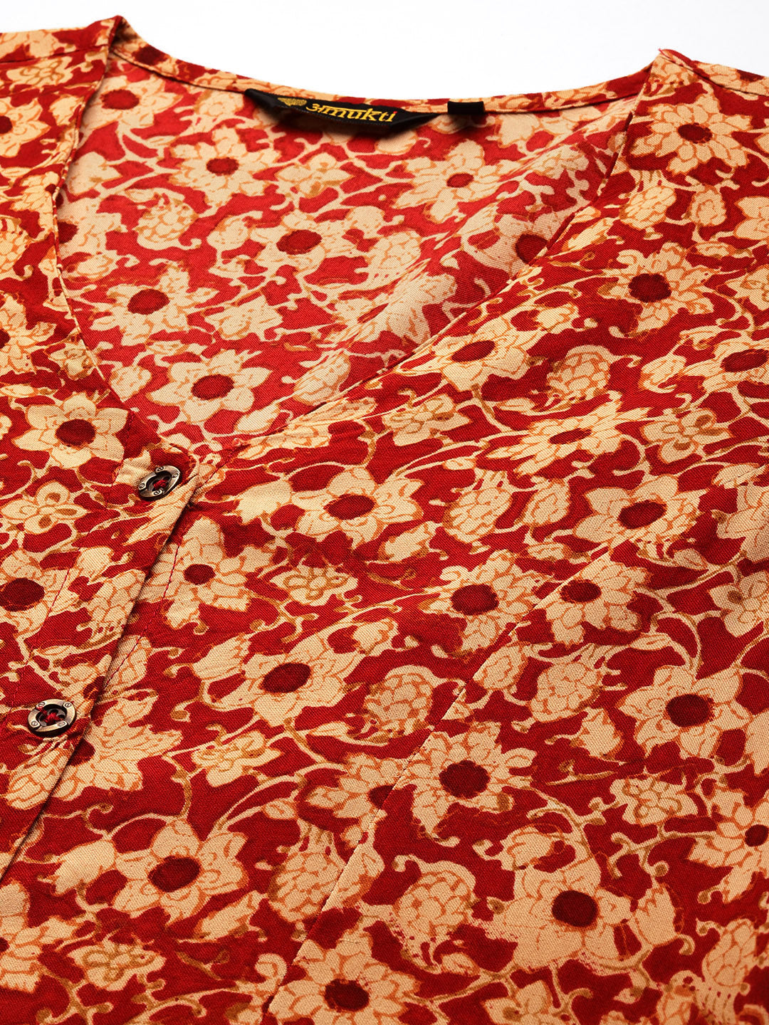 Red Floral Printed V-Neck Kurta