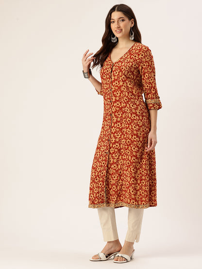 Red Floral Printed V-Neck Kurta
