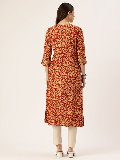 Red Floral Printed V-Neck Kurta
