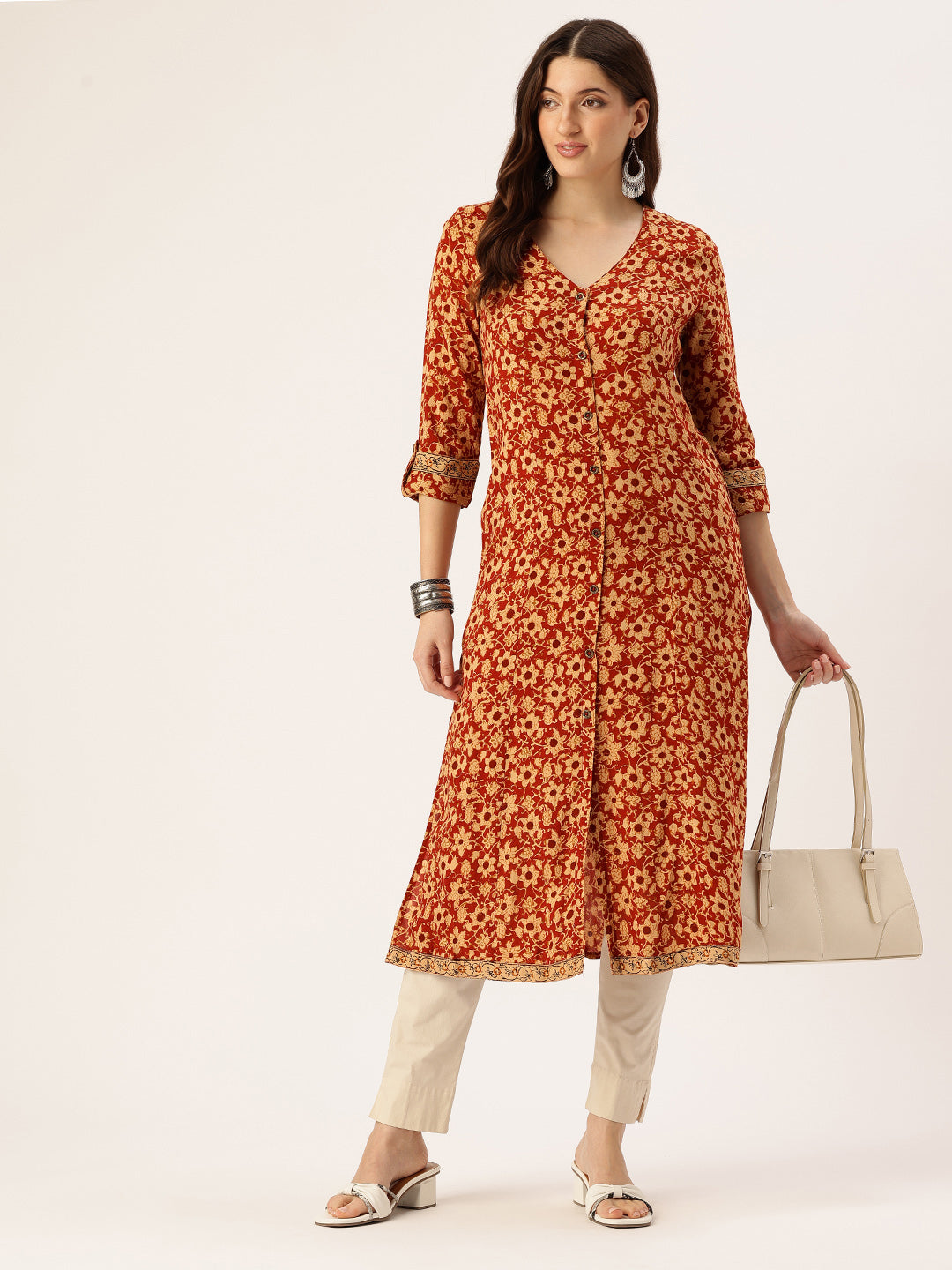 Red Floral Printed V-Neck Kurta