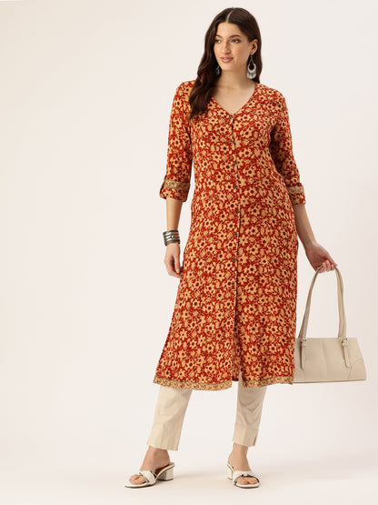 Red Floral Printed V-Neck Kurta