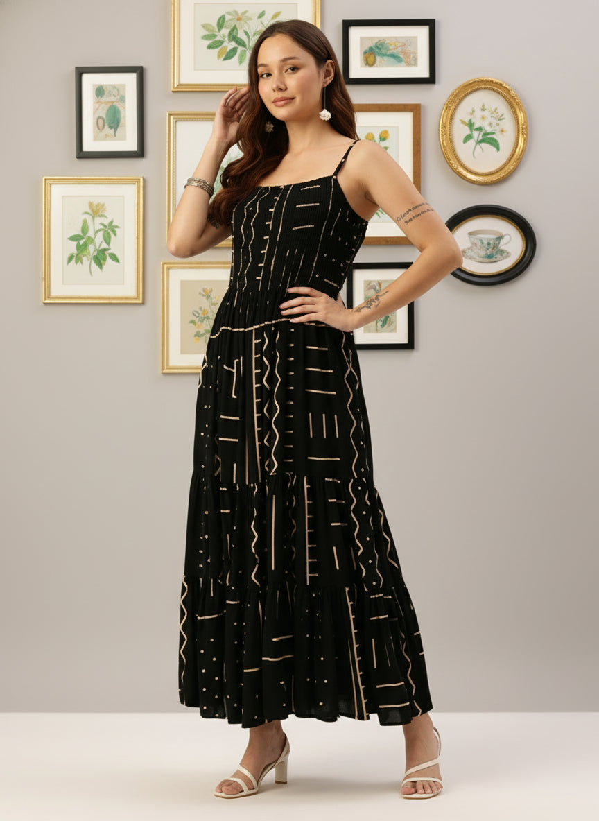 Black Fit & Flare Midi Dress, dress, black dress, midi dress, printed dress