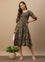 Teal Floral Printed Cuffed Sleeves Dress, dress, printed dress, green dress