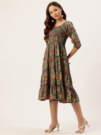 Teal Floral Printed Cuffed Sleeves Dress, dress, printed dress, green dress