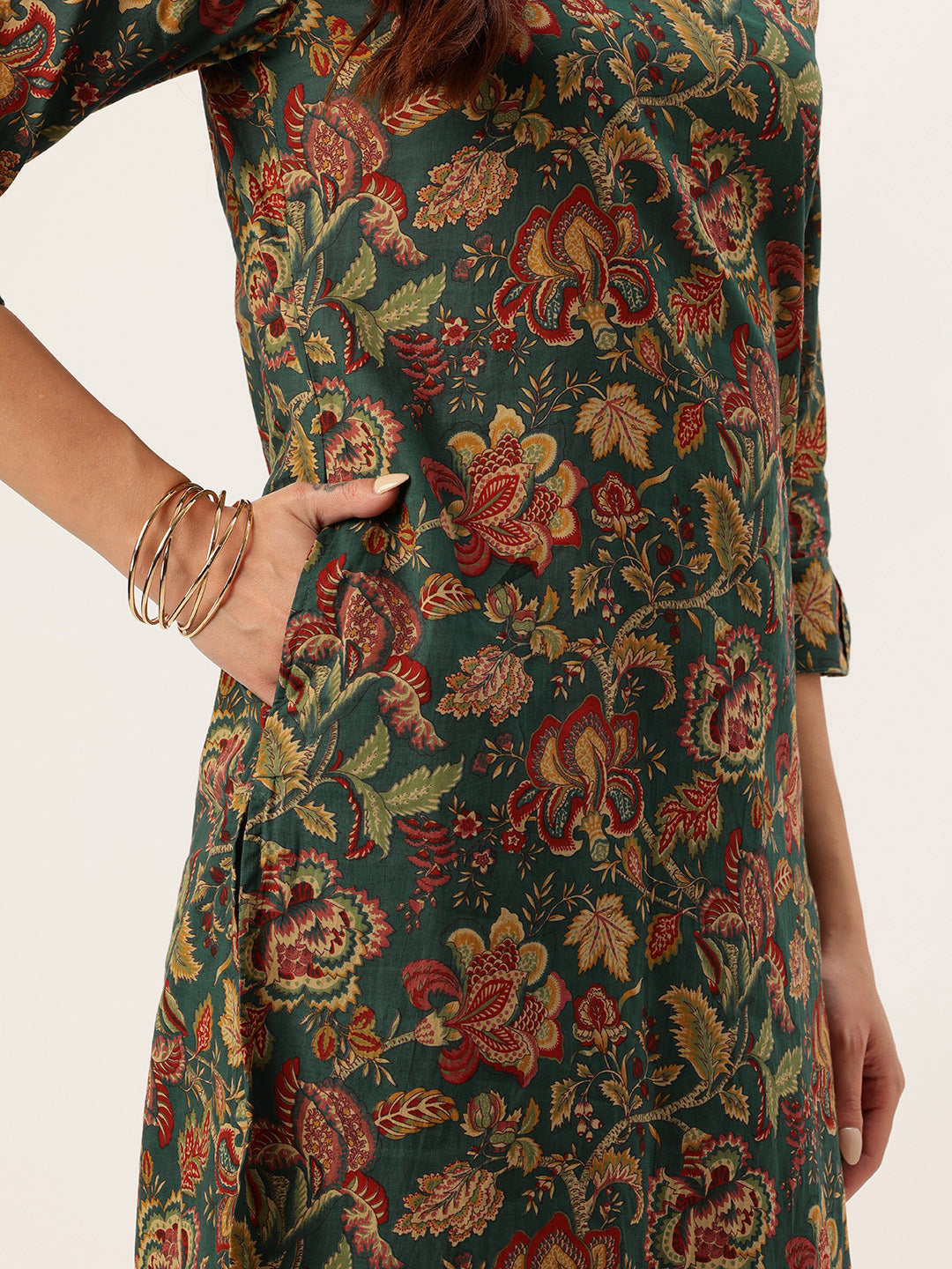 Green Floral Printed Pure Cotton Kurta with Trousers & Dupatta, green kurta set, Kurta with Trousers & Dupatta, printed kurta set, green dress